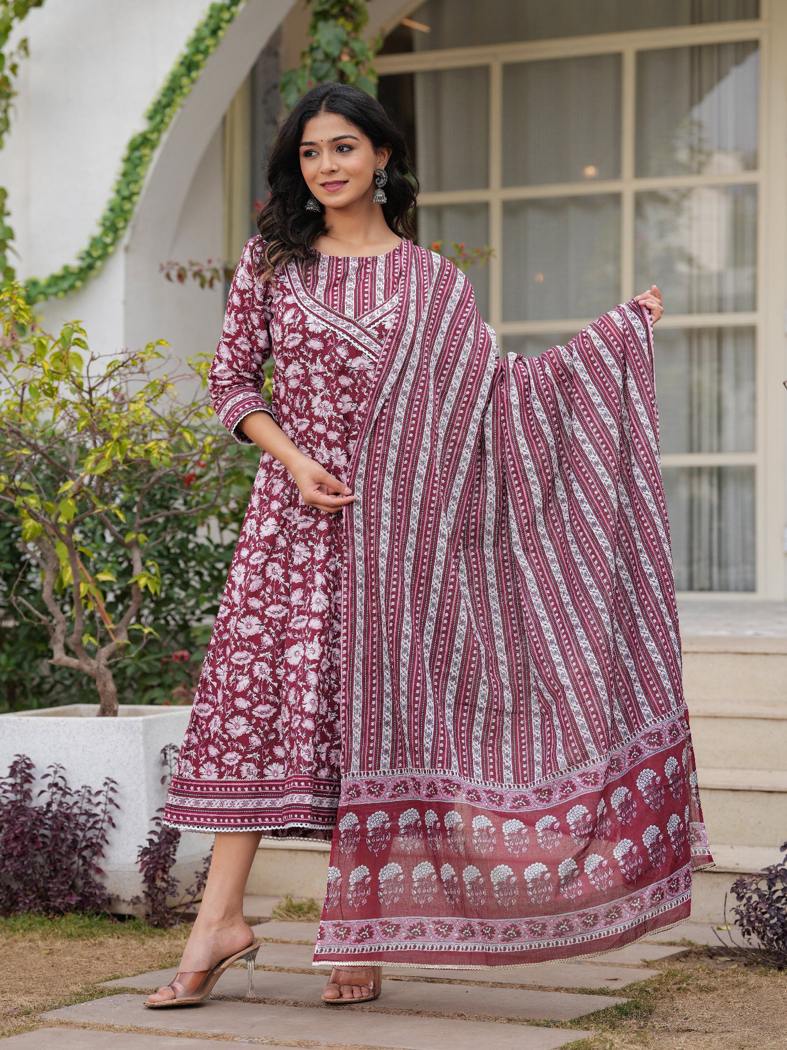 Maluka Women Maroon Cotton Floral Printed Kurta Pant Dupatta Set