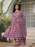 Maluka Women Maroon Cotton Floral Printed Kurta Pant Dupatta Set