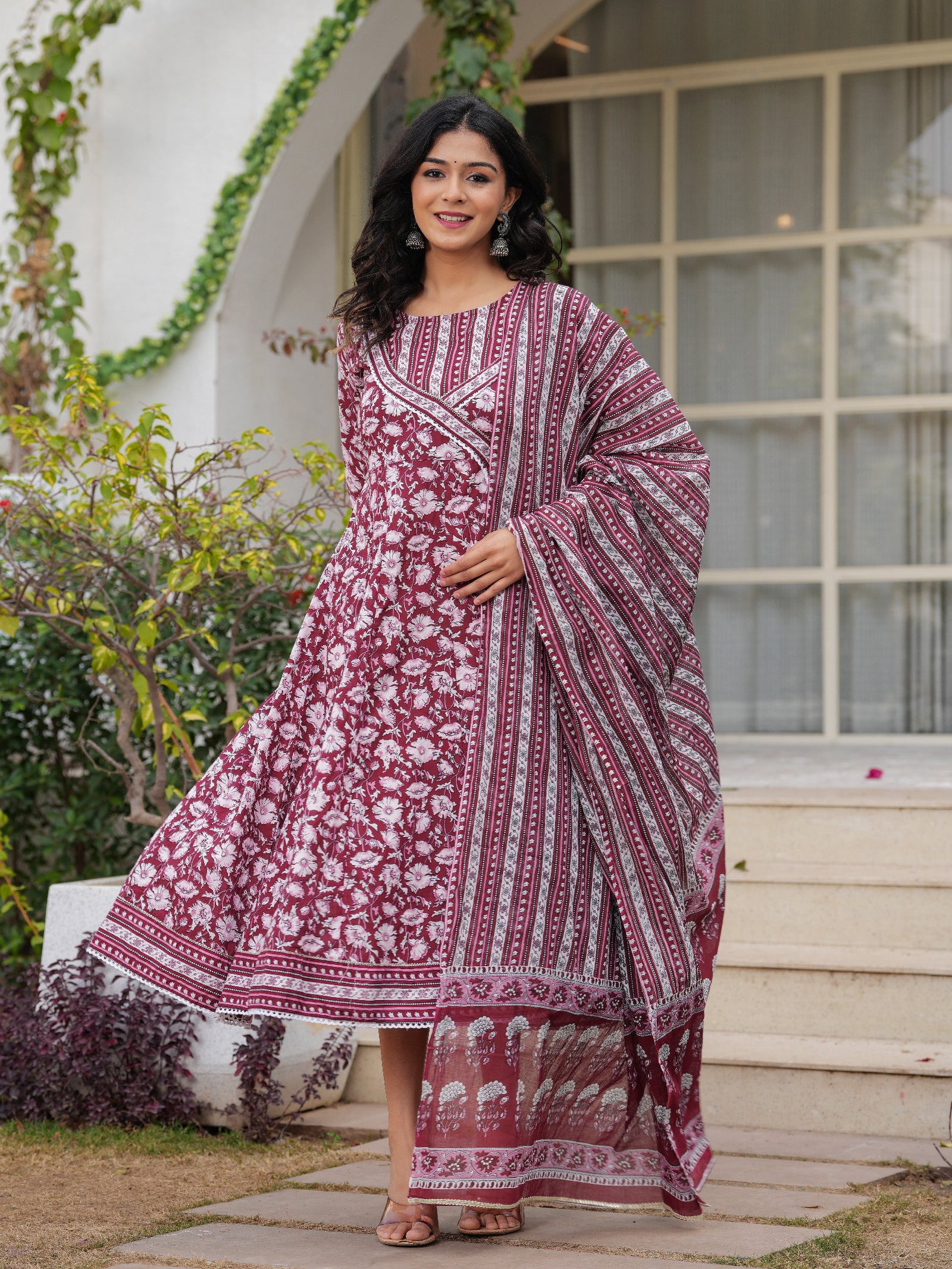 Maluka Women Maroon Cotton Floral Printed Kurta Pant Dupatta Set