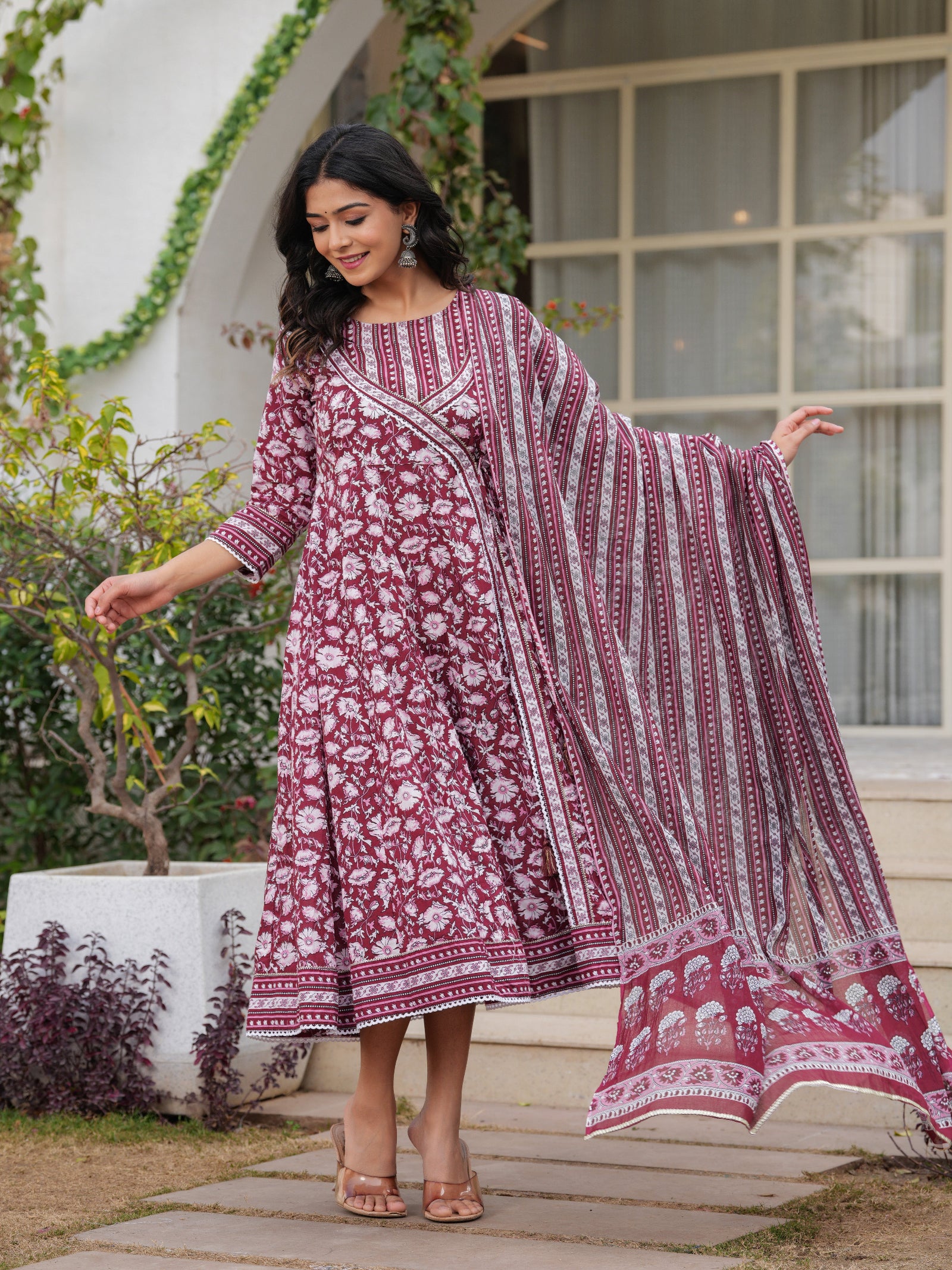 Maluka Women Maroon Cotton Floral Printed Kurta Pant Dupatta Set