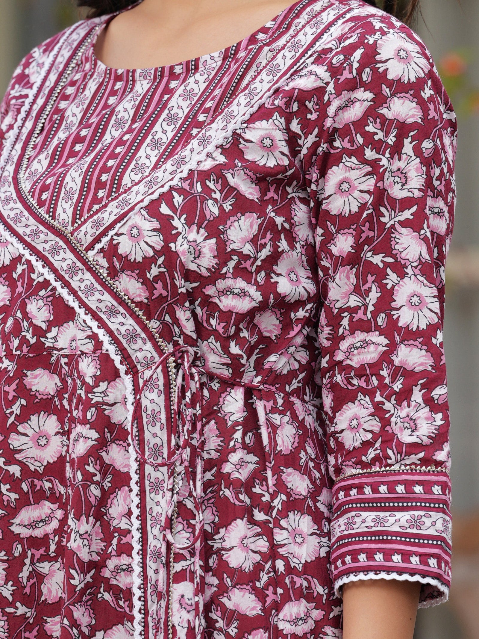 Maluka Women Maroon Cotton Floral Printed Kurta Pant Dupatta Set