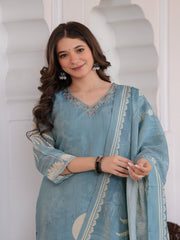 Maluka Women Sky Blue Shimmer Crape Maslin Digital Print Kurta Pant Dupatta Set