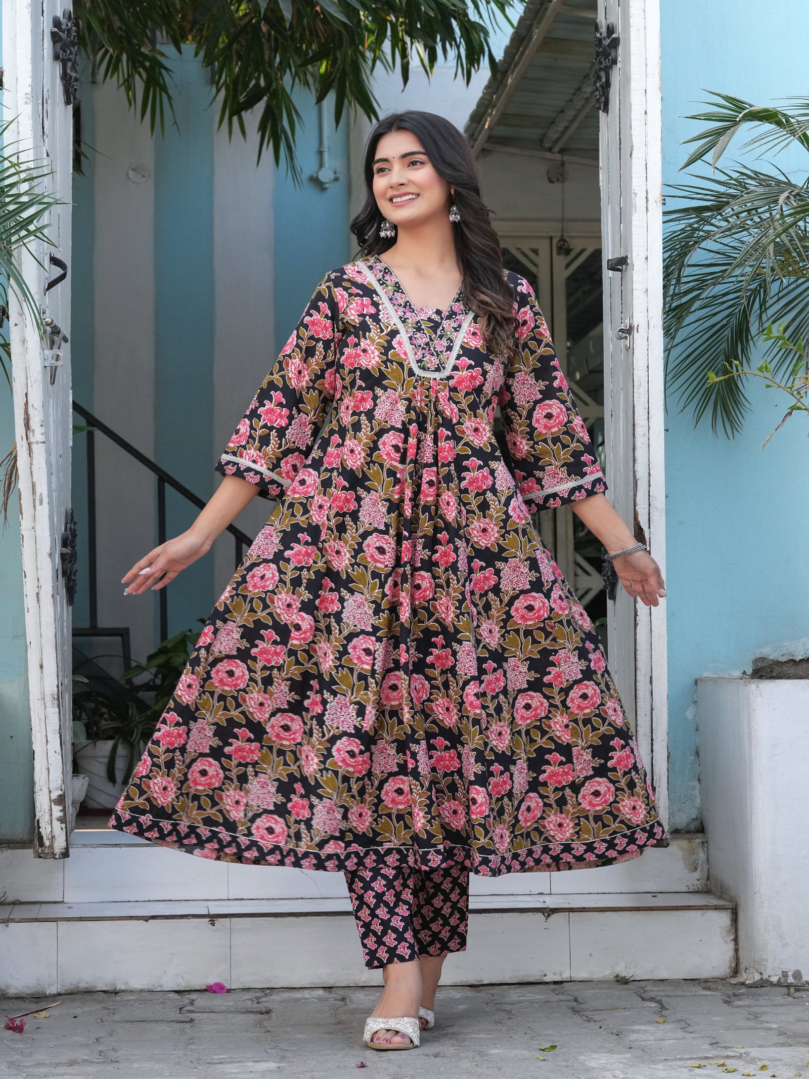 Maluka Women’s Cotton Black, Blue & Red Anarkali Kurta Set with Dupatta