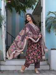 Maluka Women’s Cotton Black, Blue & Red Anarkali Kurta Set with Dupatta
