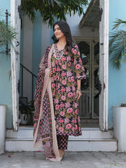 Maluka Women’s Cotton Black, Blue & Red Anarkali Kurta Set with Dupatta