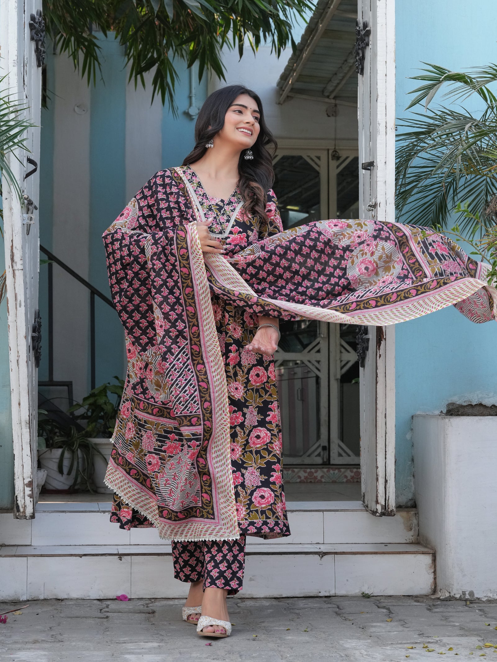 Maluka Women’s Cotton Black, Blue & Red Anarkali Kurta Set with Dupatta
