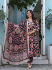 Maluka Women’s Cotton Black, Blue & Red Anarkali Kurta Set with Dupatta
