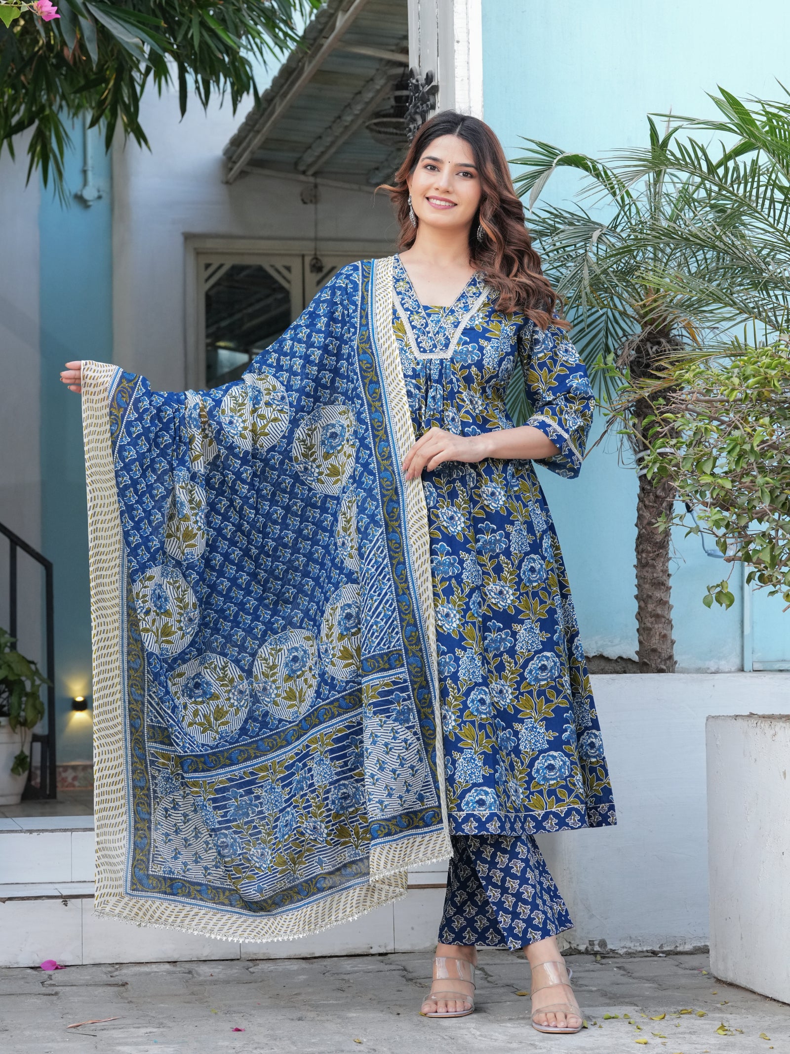 Maluka Women’s Cotton Black, Blue & Red Anarkali Kurta Set with Dupatta