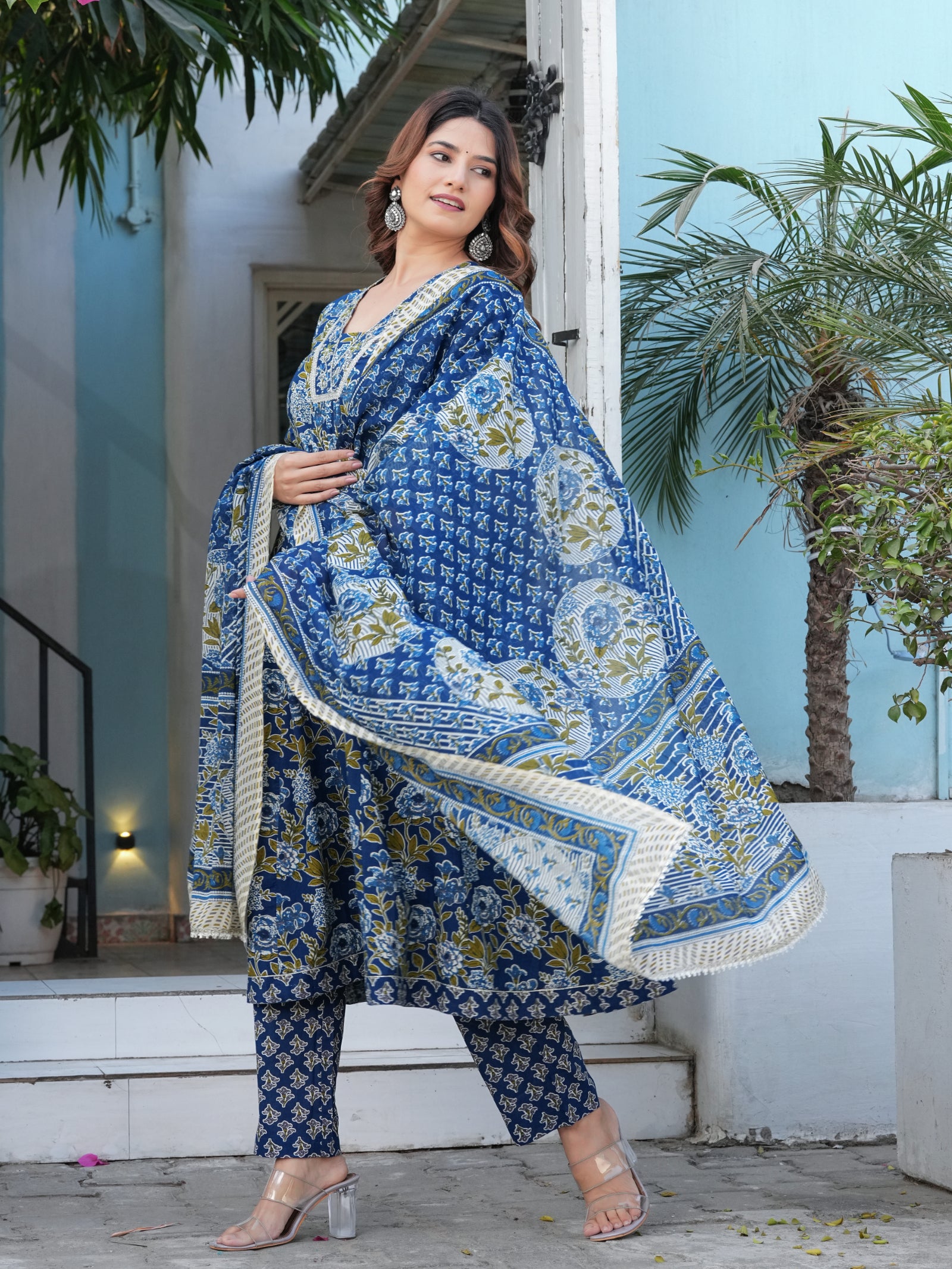 Maluka Women’s Cotton Black, Blue & Red Anarkali Kurta Set with Dupatta