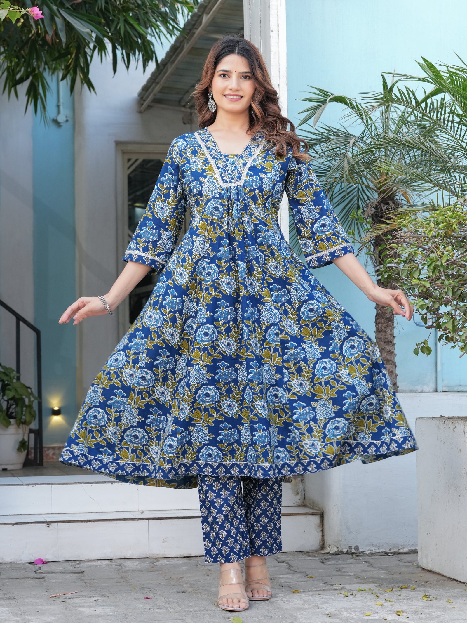 Maluka Women’s Cotton Black, Blue & Red Anarkali Kurta Set with Dupatta