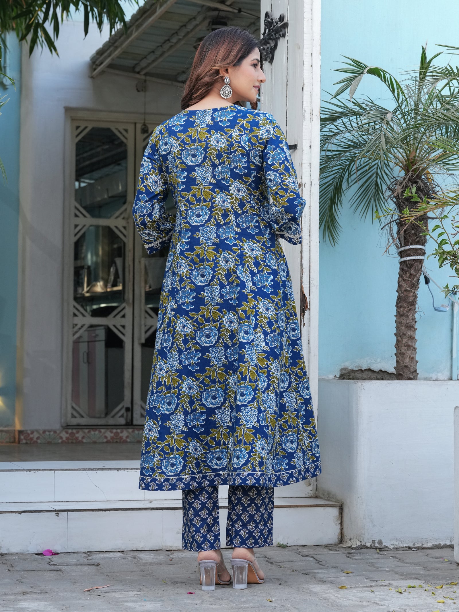 Maluka Women’s Cotton Black, Blue & Red Anarkali Kurta Set with Dupatta