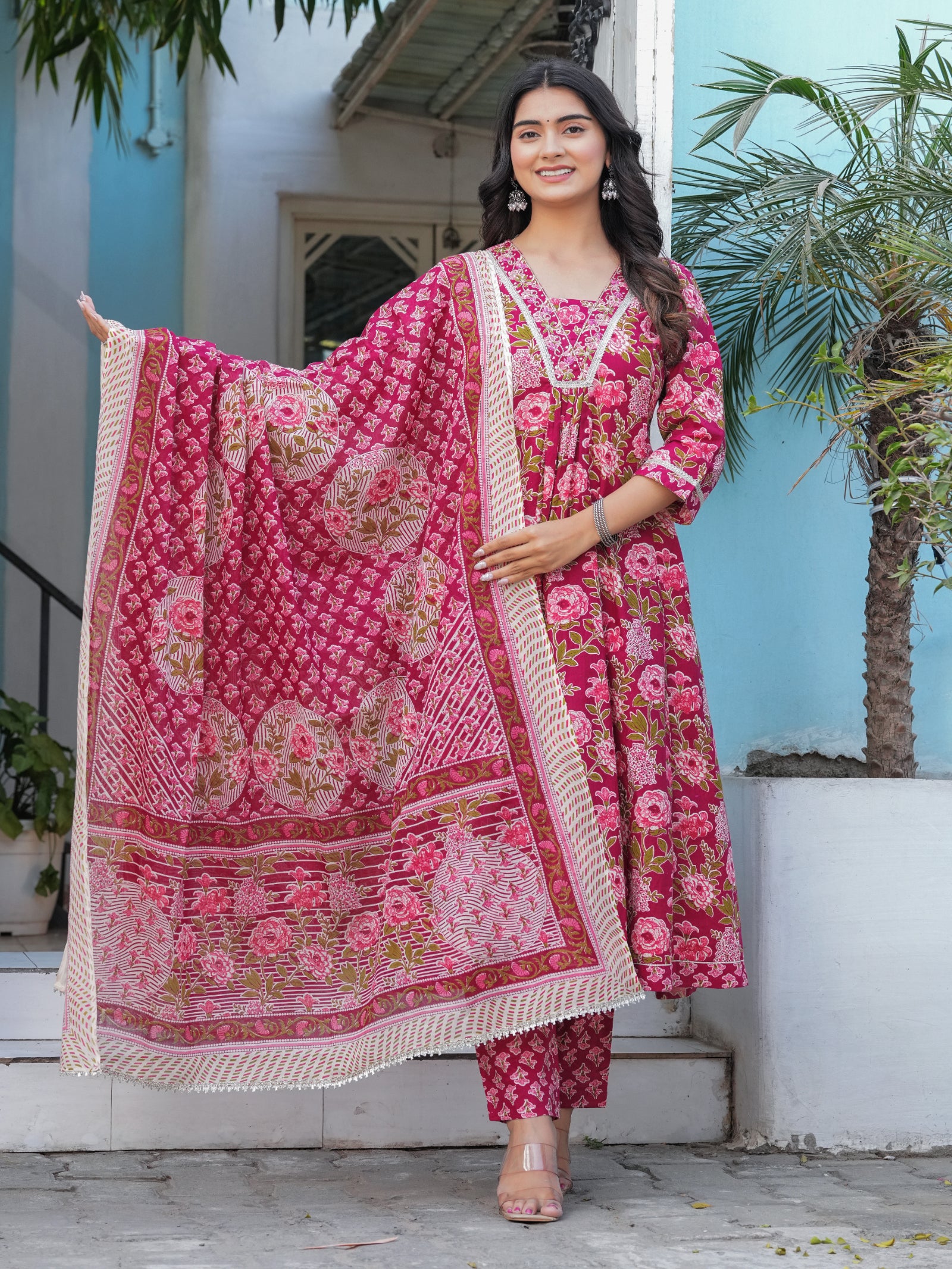 Maluka Women’s Cotton Black, Blue & Red Anarkali Kurta Set with Dupatta