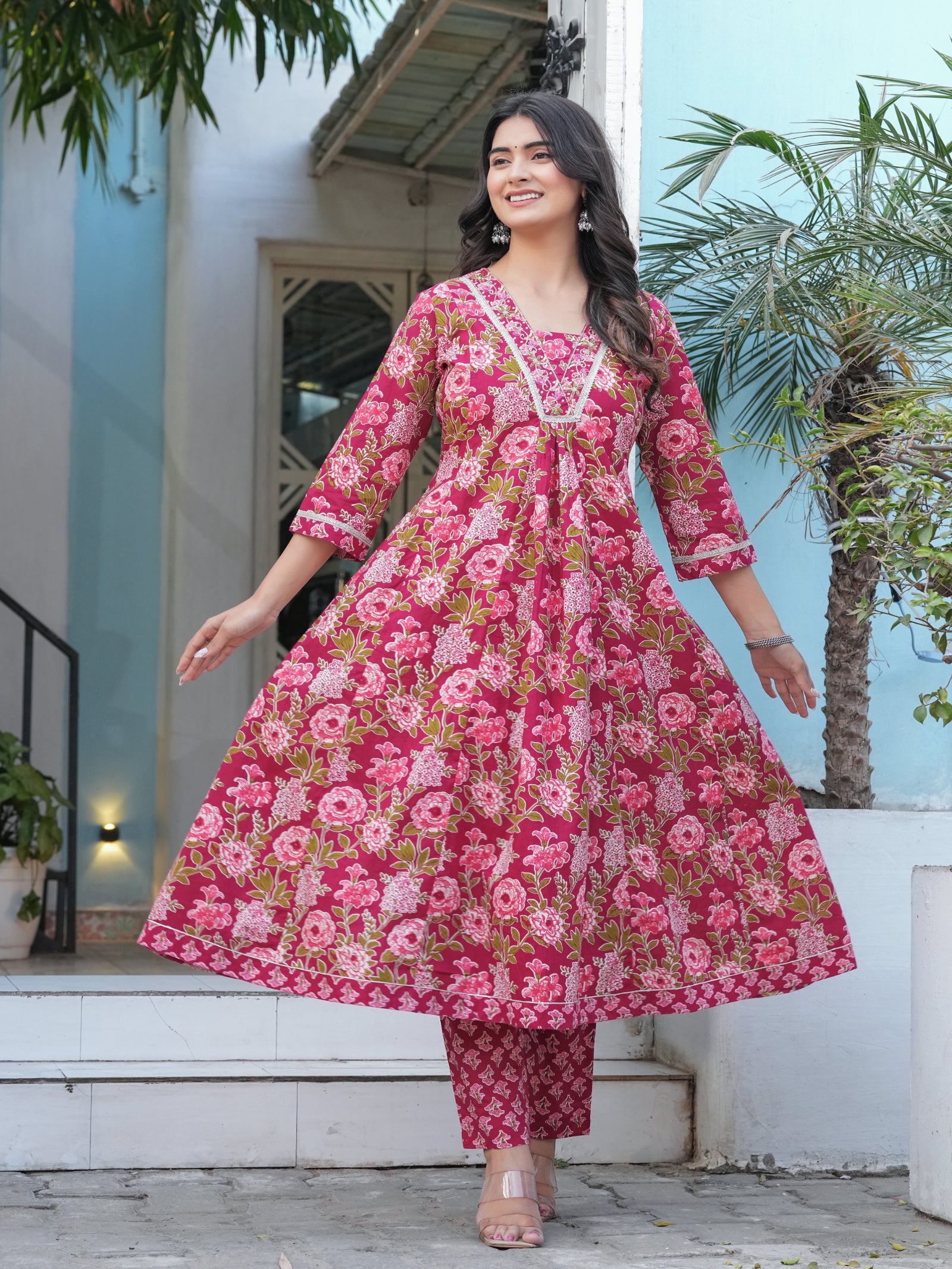 Maluka Women’s Cotton Black, Blue & Red Anarkali Kurta Set with Dupatta