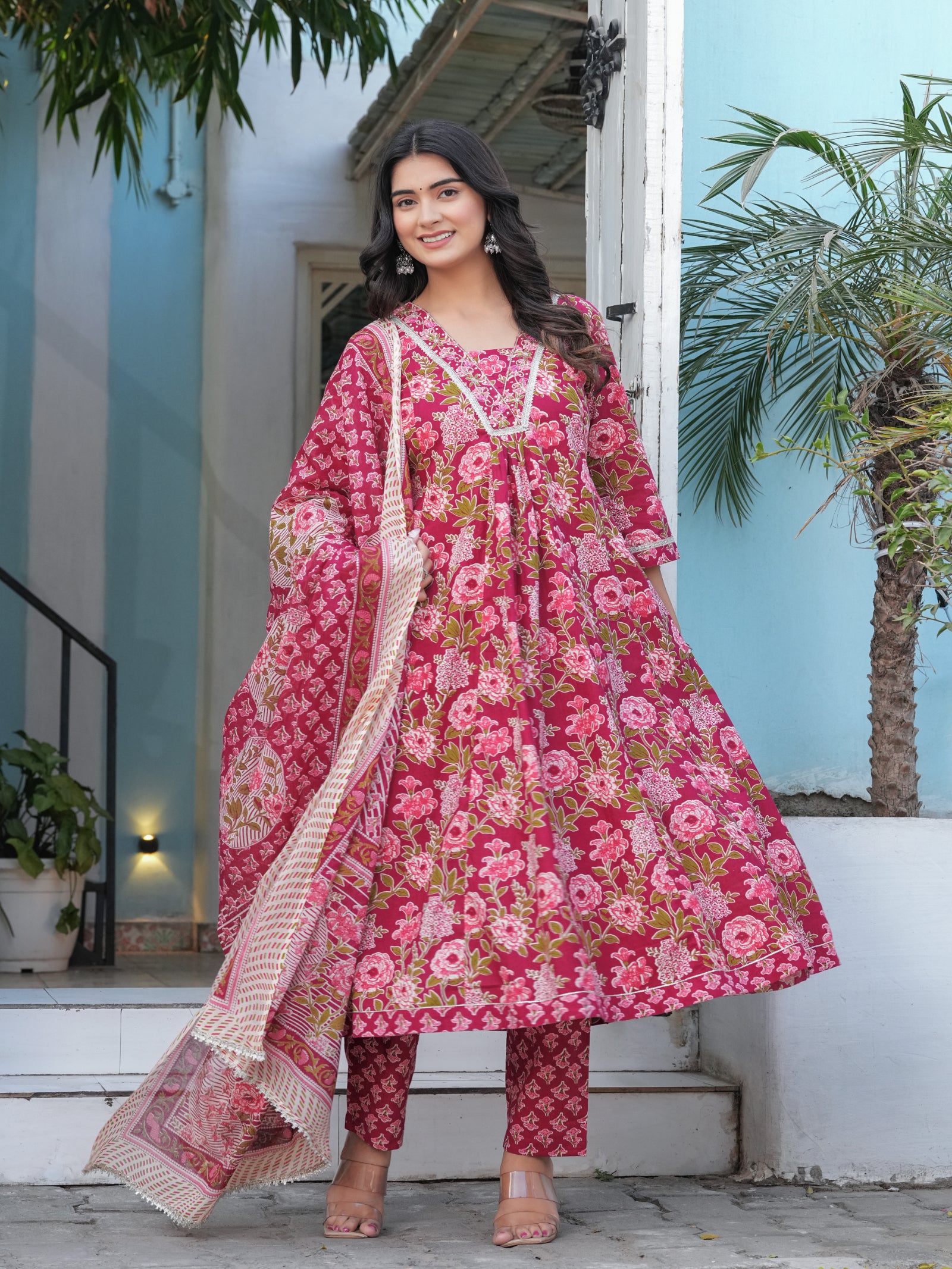 Maluka Women’s Cotton Black, Blue & Red Anarkali Kurta Set with Dupatta