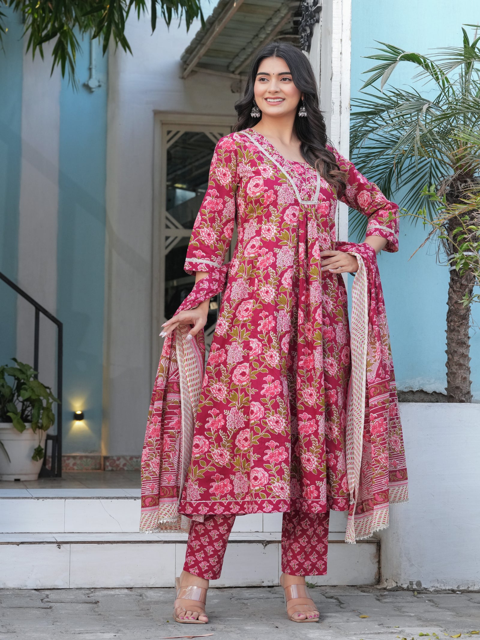 Maluka Women’s Cotton Black, Blue & Red Anarkali Kurta Set with Dupatta