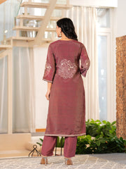 Maluka Women Rose Gold Shimmer Maslin Digital Floral Print Kurta Pant Dupatta Set