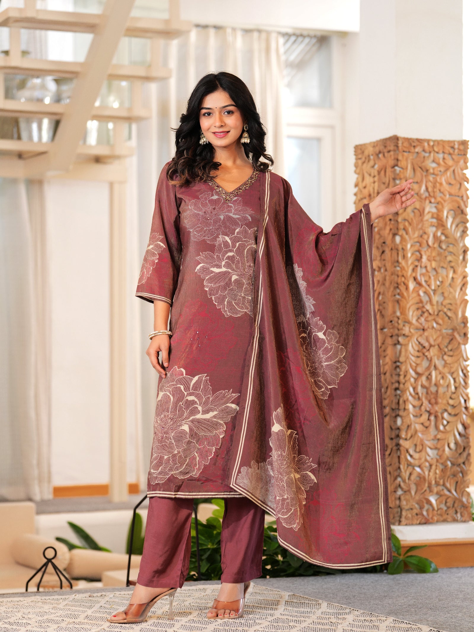Maluka Women Rose Gold Shimmer Maslin Digital Floral Print Kurta Pant Dupatta Set