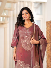Maluka Women Rose Gold Shimmer Maslin Digital Floral Print Kurta Pant Dupatta Set
