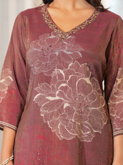 Maluka Women Rose Gold Shimmer Maslin Digital Floral Print Kurta Pant Dupatta Set