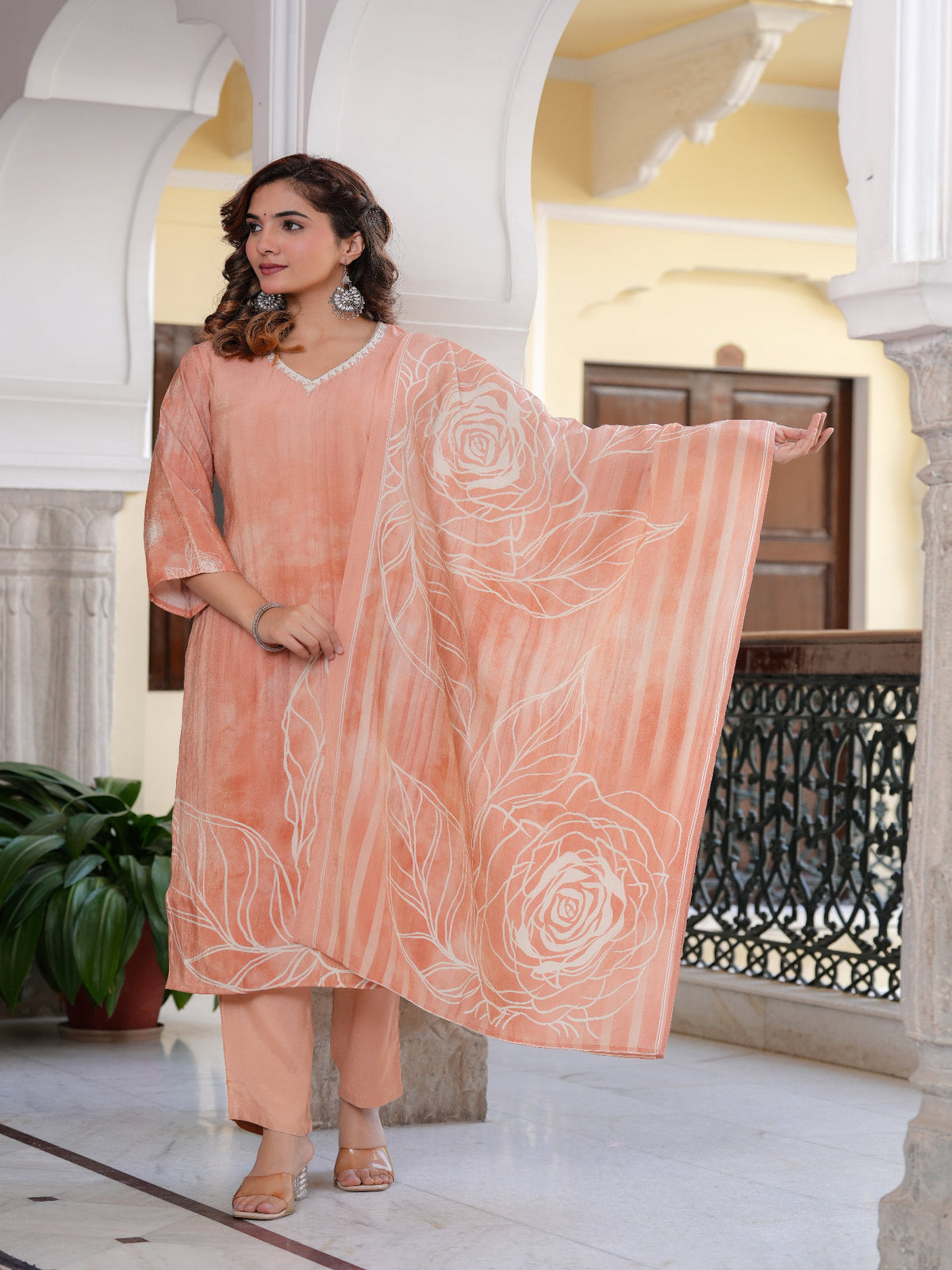 Maluka Women Peach Shimmer Crape Digital Floral Print Kurta Pant Dupatta Set