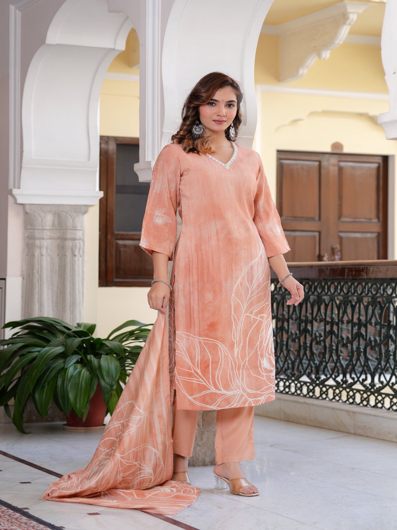 Maluka Women Peach Shimmer Crape Digital Floral Print Kurta Pant Dupatta Set