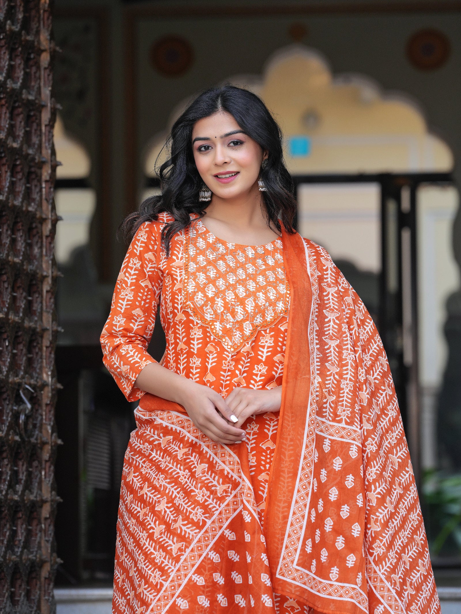 Maluka Women Orange Cotton Emb. Printed Kurta Pant Dupatta Set