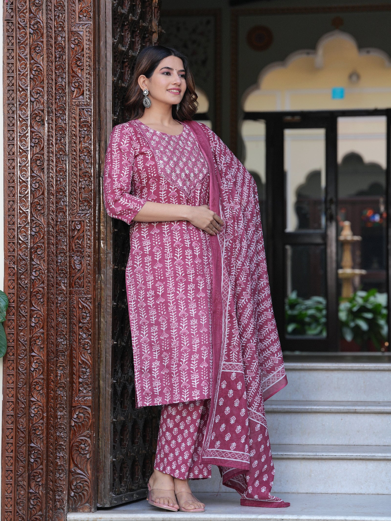 Maluka Women Cotton Emb. Printed Kurta Pant With Dupatta Set