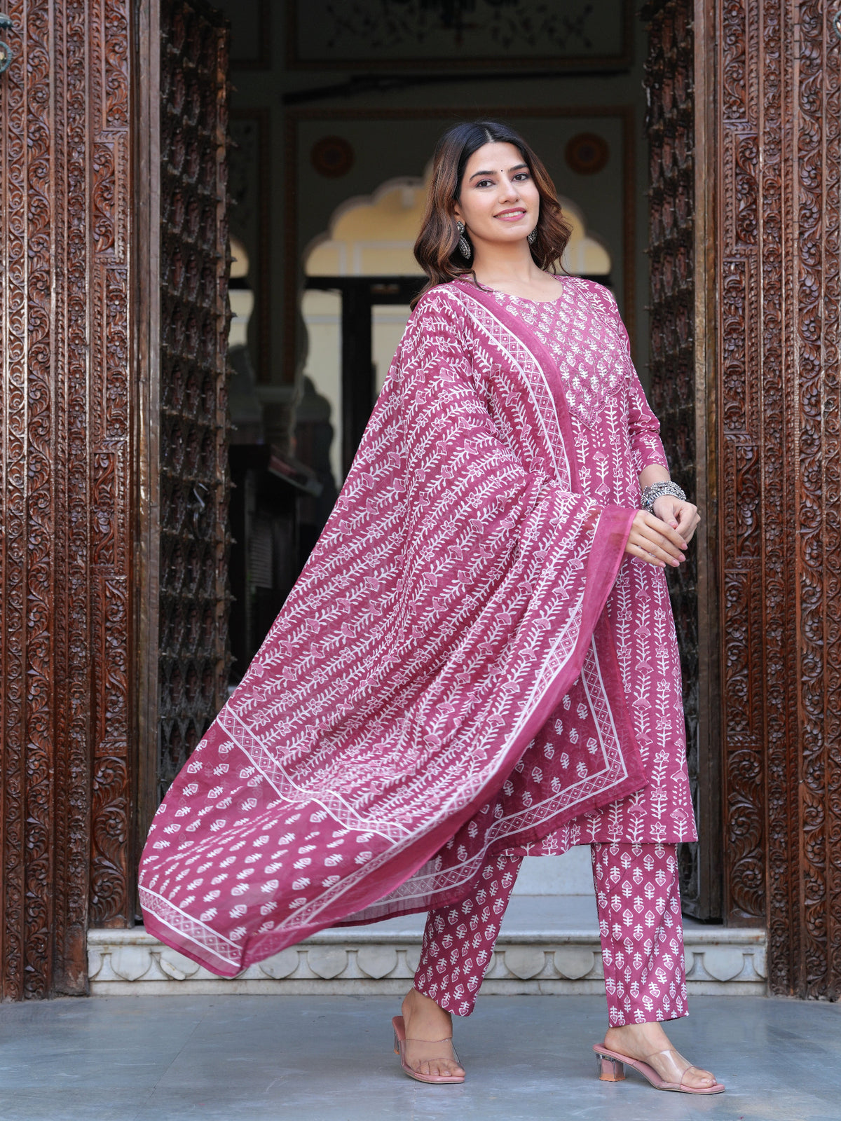 Maluka Women Cotton Emb. Printed Kurta Pant With Dupatta Set