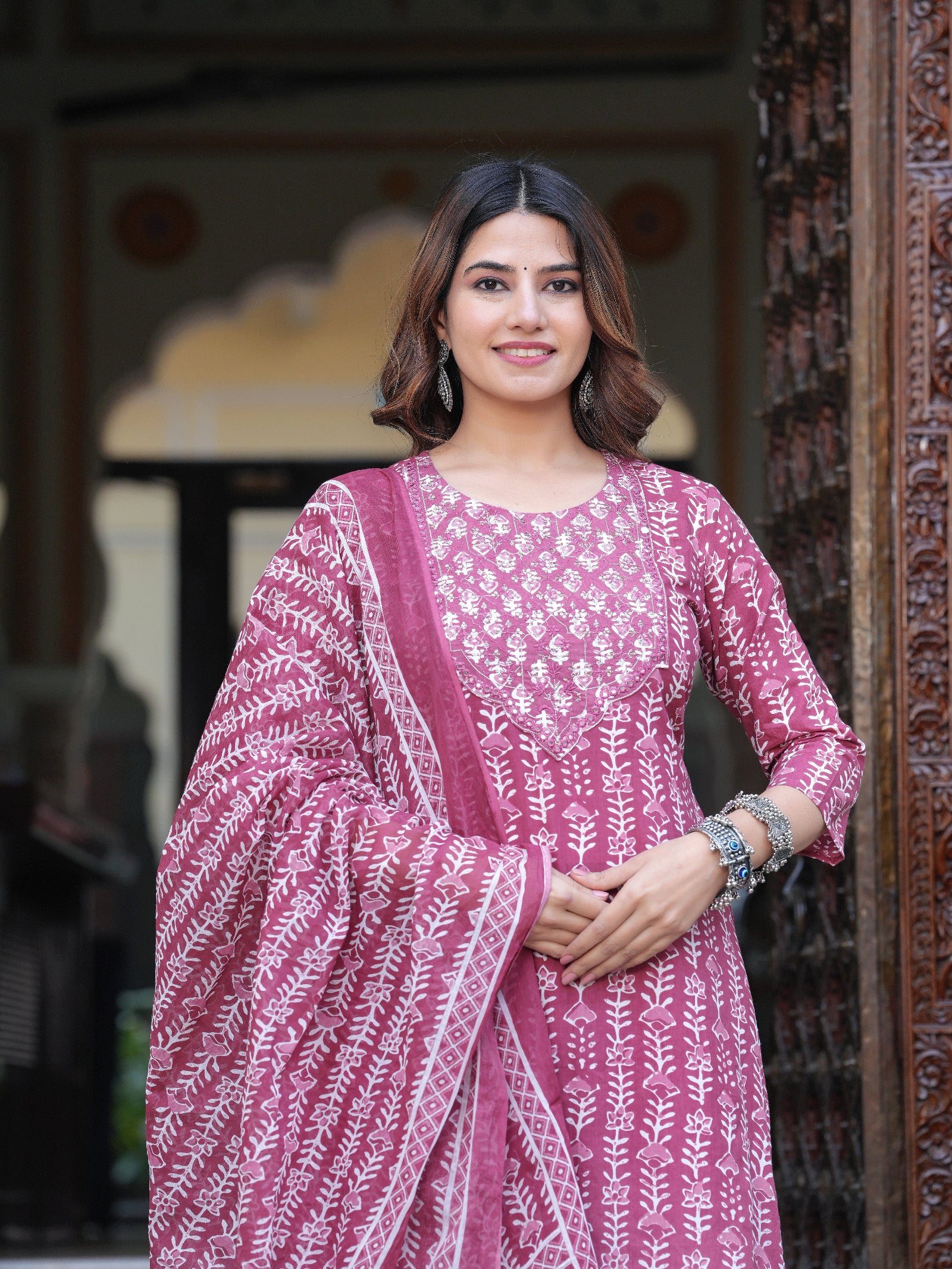 Maluka Women Cotton Emb. Printed Kurta Pant With Dupatta Set