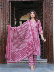 Maluka Women Cotton Emb. Printed Kurta Pant With Dupatta Set