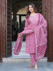 Maluka Women Cotton Emb. Printed Kurta Pant With Dupatta Set