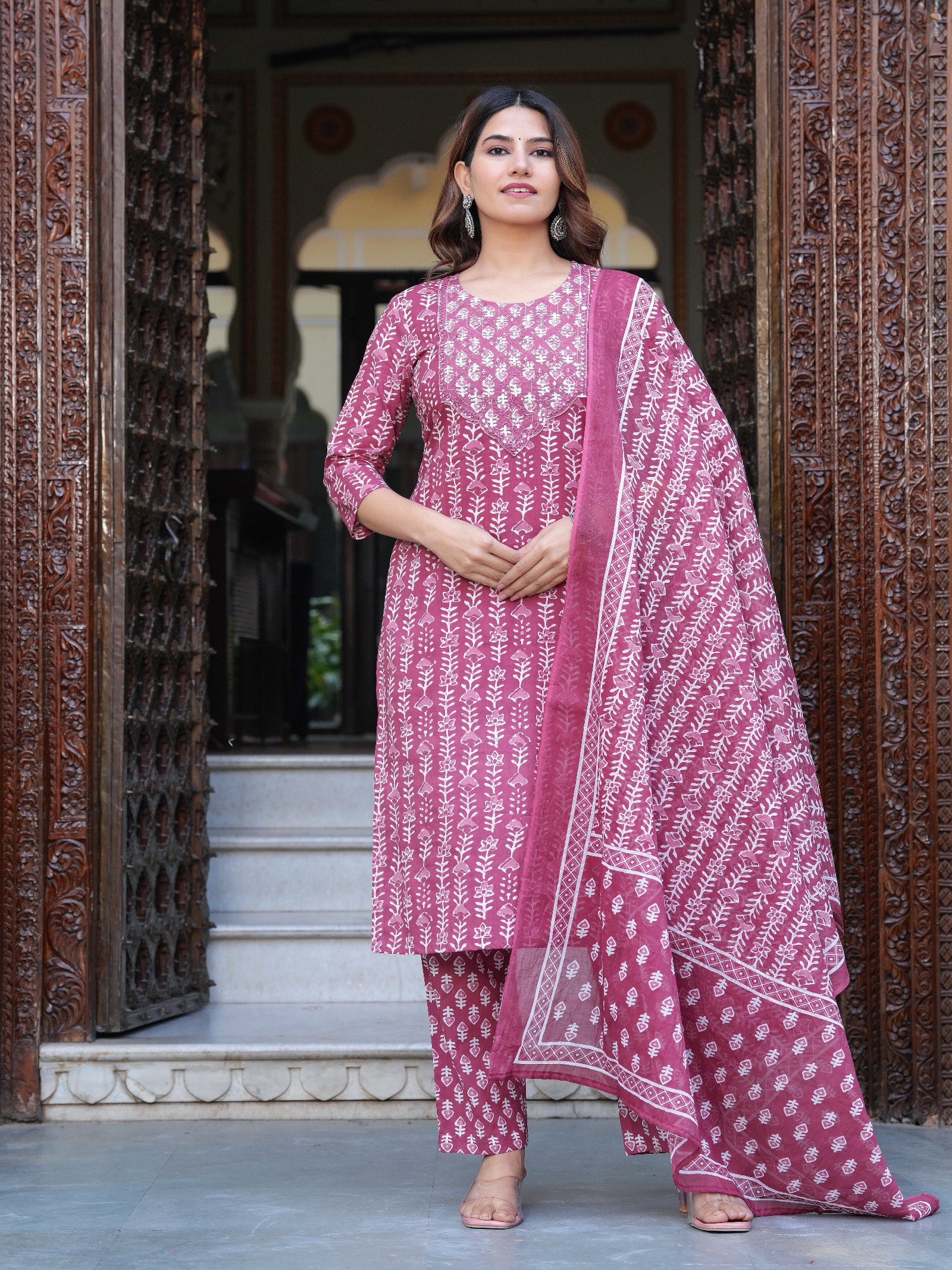 Maluka Women Cotton Emb. Printed Kurta Pant With Dupatta Set