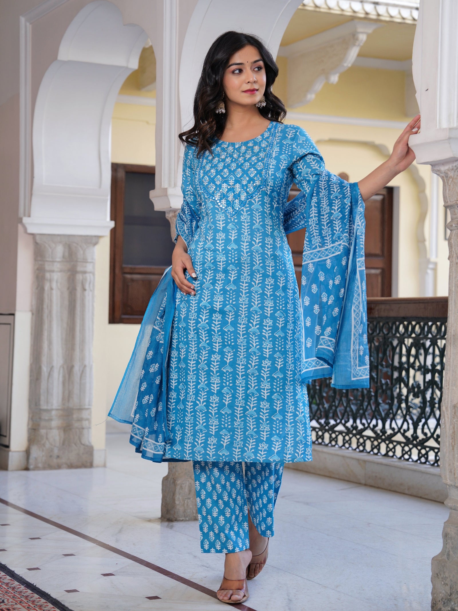 Maluka Women Blue Cotton Emb. Printed Kurta Pant Dupatta Set