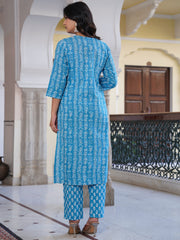 Maluka Women Blue Cotton Emb. Printed Kurta Pant Dupatta Set