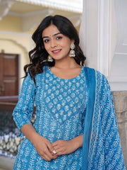 Maluka Women Blue Cotton Emb. Printed Kurta Pant Dupatta Set