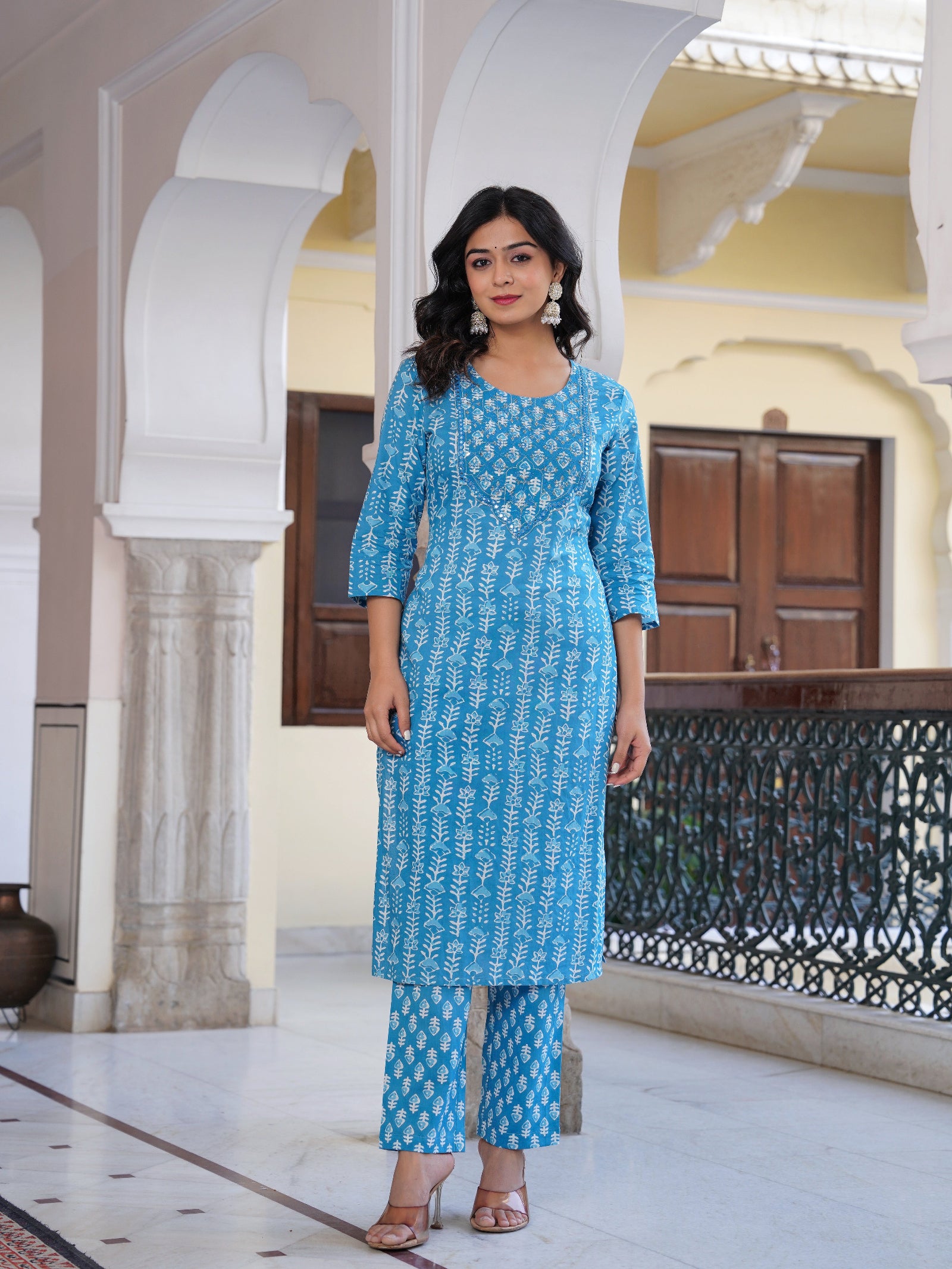 Maluka Women Blue Cotton Emb. Printed Kurta Pant Dupatta Set