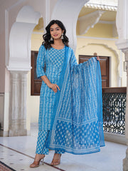 Maluka Women Blue Cotton Emb. Printed Kurta Pant Dupatta Set