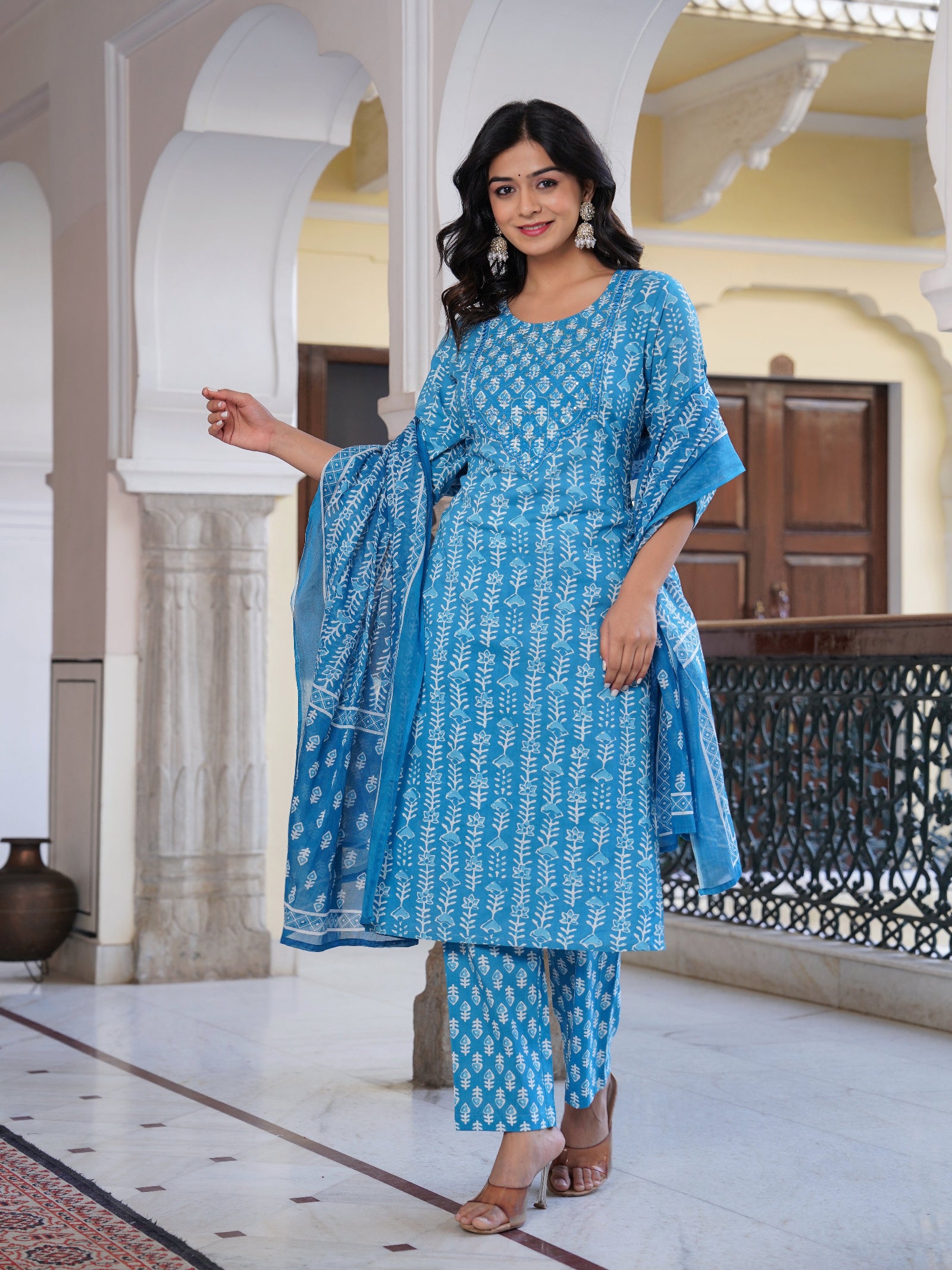 Maluka Women Blue Cotton Emb. Printed Kurta Pant Dupatta Set
