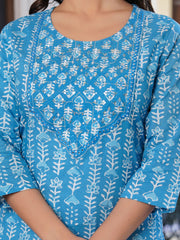 Maluka Women Blue Cotton Emb. Printed Kurta Pant Dupatta Set