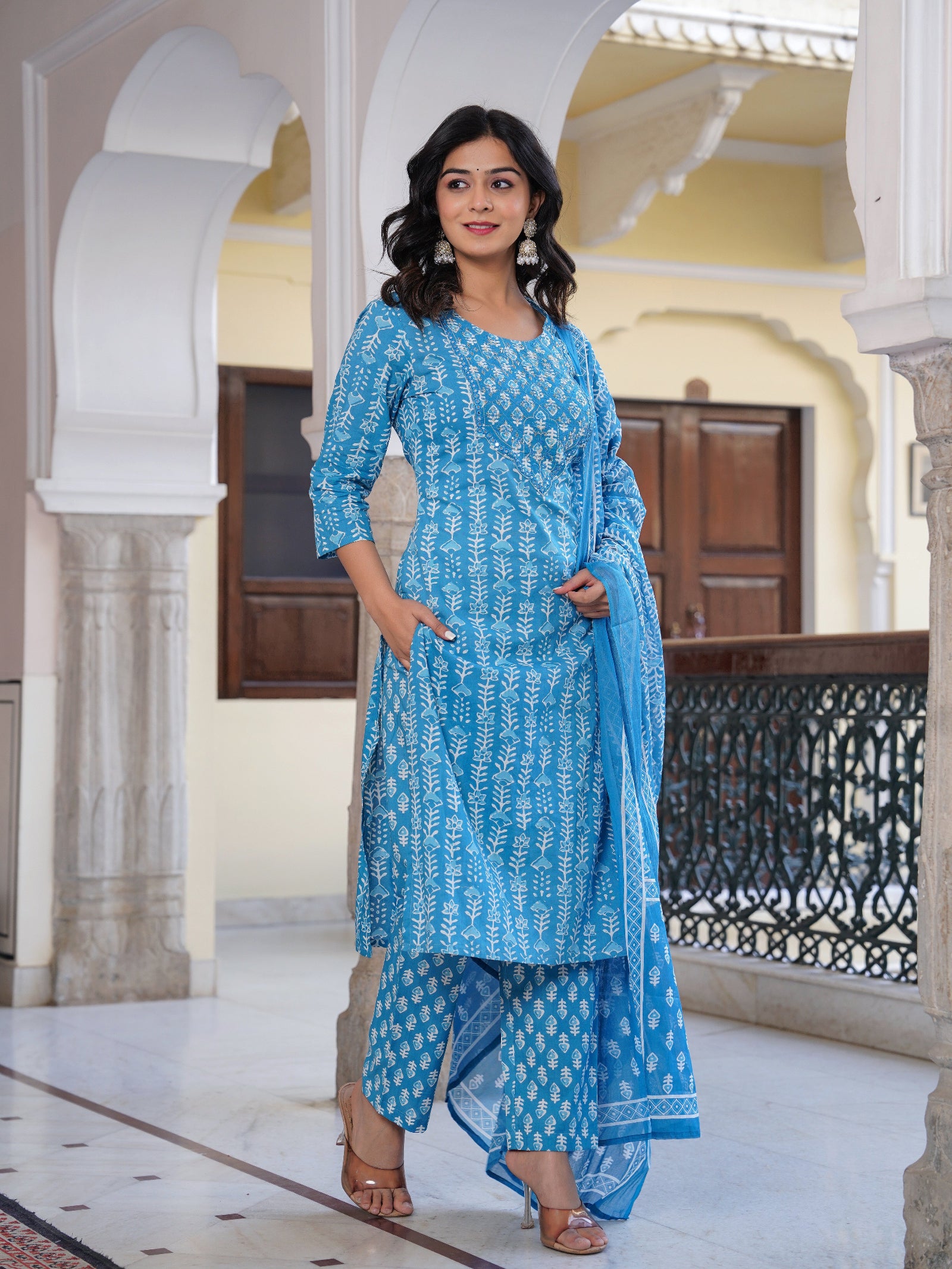 Maluka Women Blue Cotton Emb. Printed Kurta Pant Dupatta Set