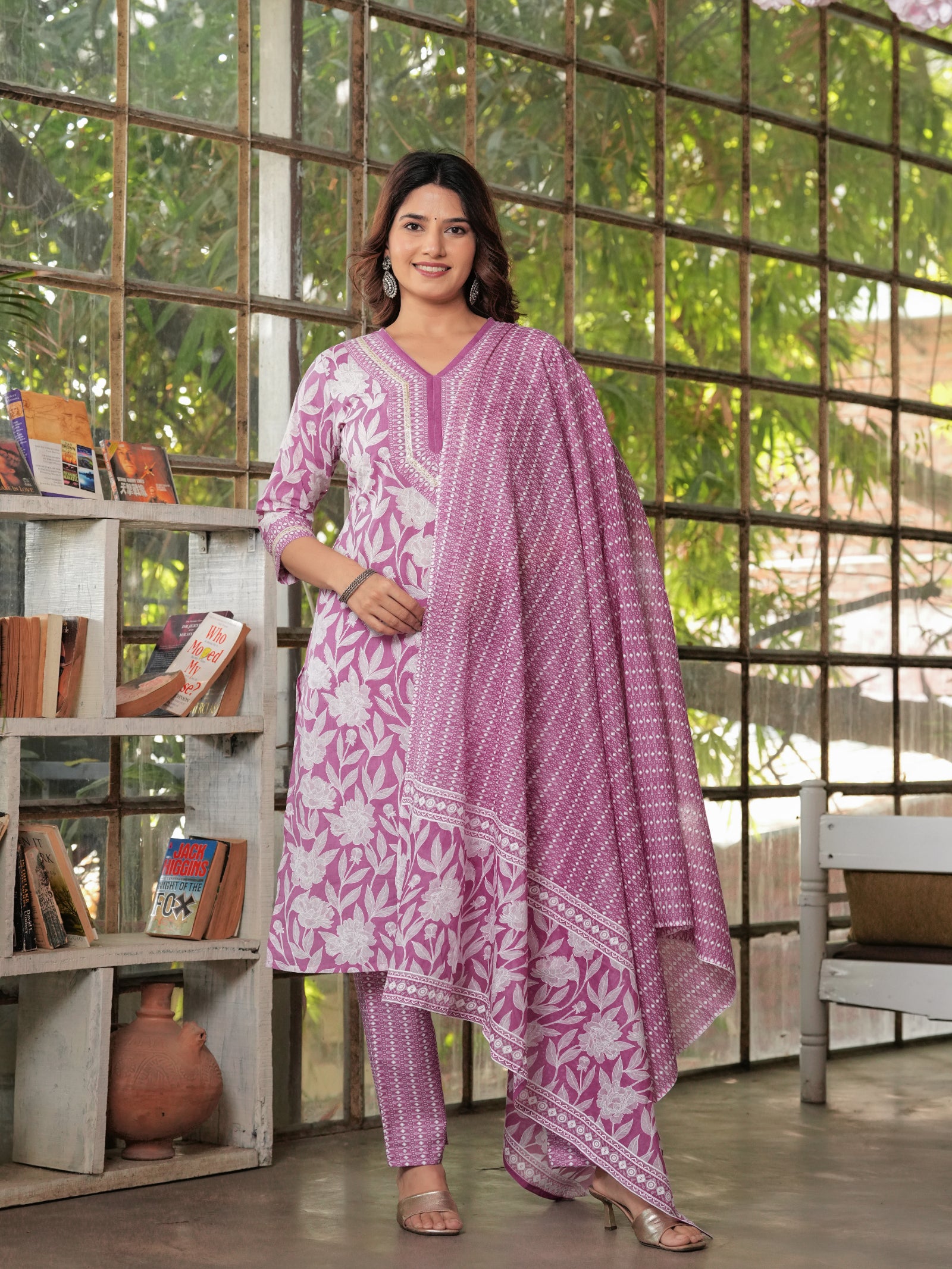 Maluka Women’s Purple, Yellow, Grey & Pink Straight Kurta Set with Dupatta