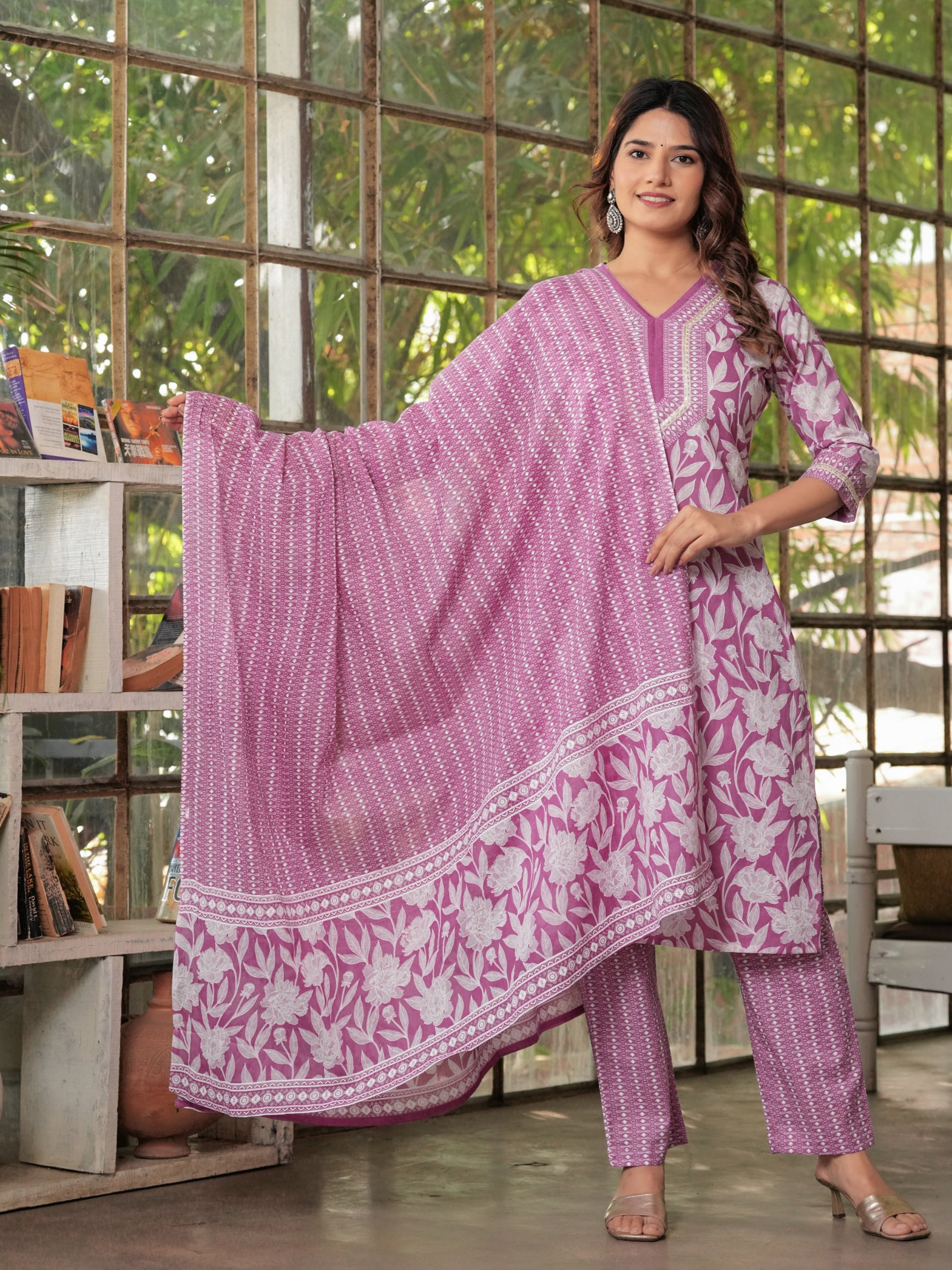 Maluka Women’s Purple, Yellow, Grey & Pink Straight Kurta Set with Dupatta