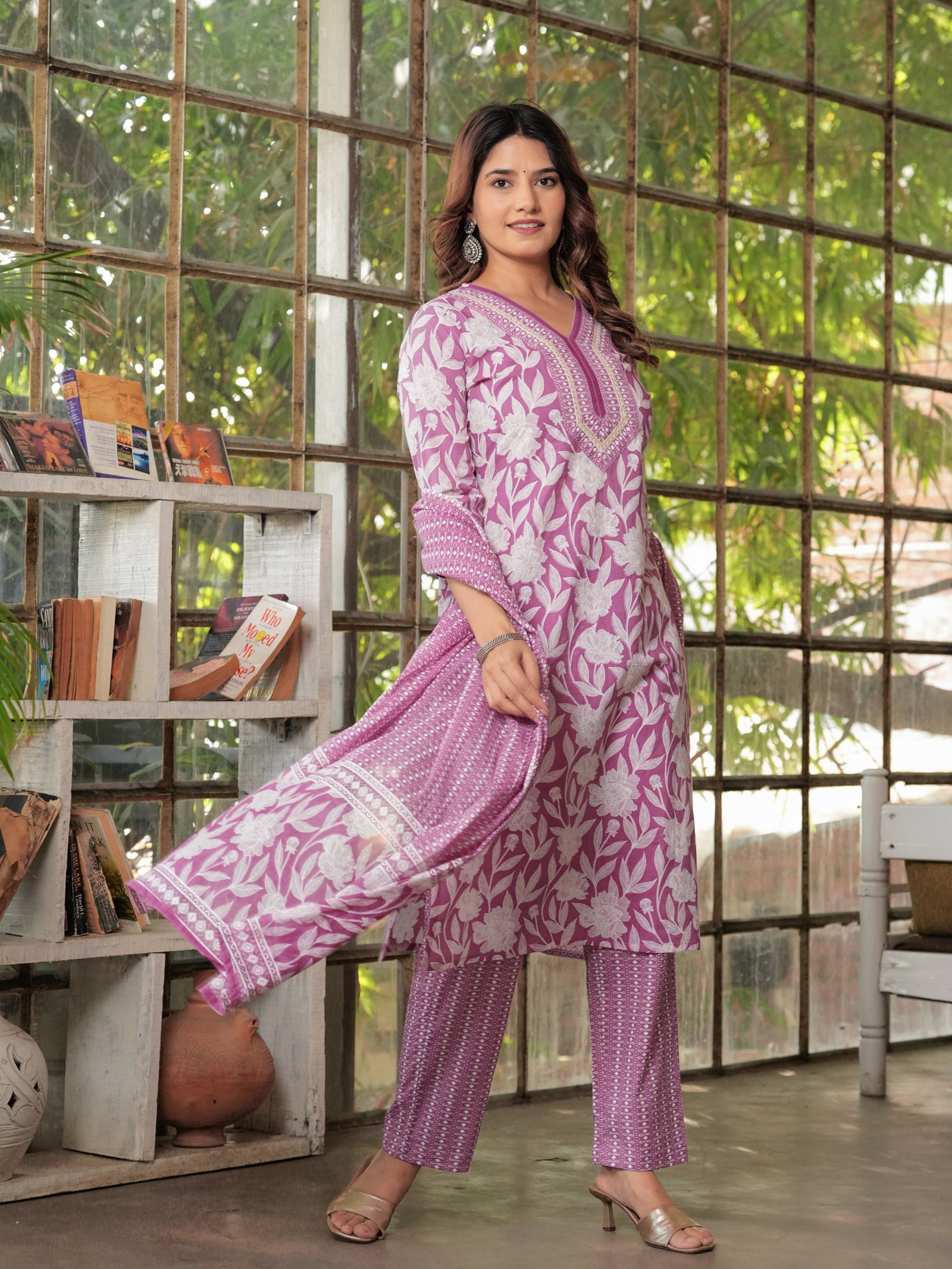 Maluka Women’s Purple, Yellow, Grey & Pink Straight Kurta Set with Dupatta