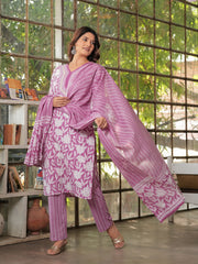 Maluka Women’s Purple, Yellow, Grey & Pink Straight Kurta Set with Dupatta