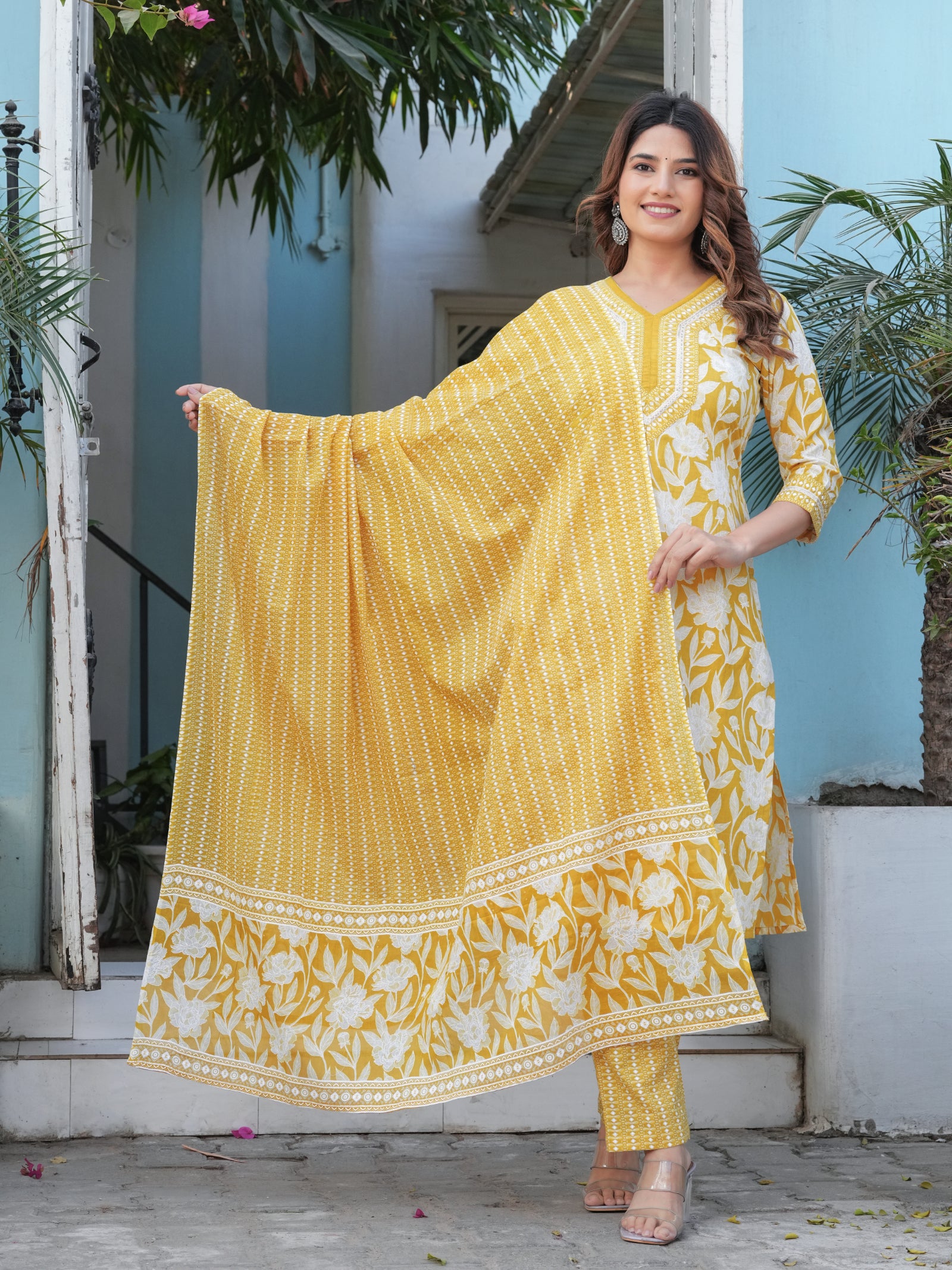 Maluka Women’s Purple, Yellow, Grey & Pink Straight Kurta Set with Dupatta