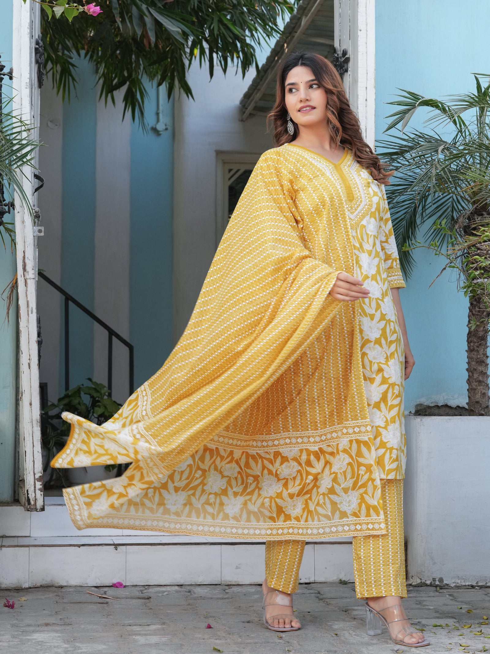 Maluka Women’s Purple, Yellow, Grey & Pink Straight Kurta Set with Dupatta