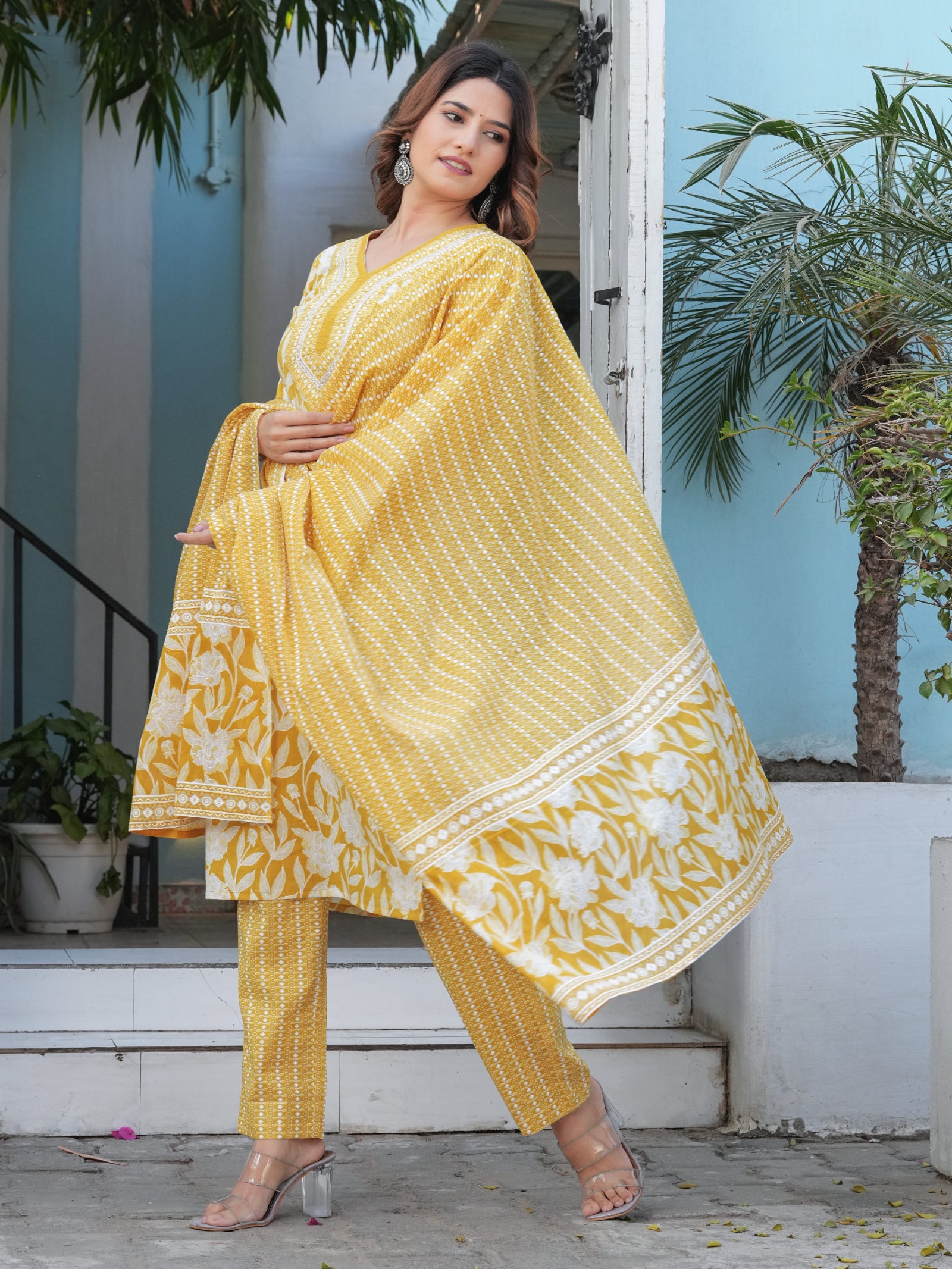 Maluka Women’s Purple, Yellow, Grey & Pink Straight Kurta Set with Dupatta