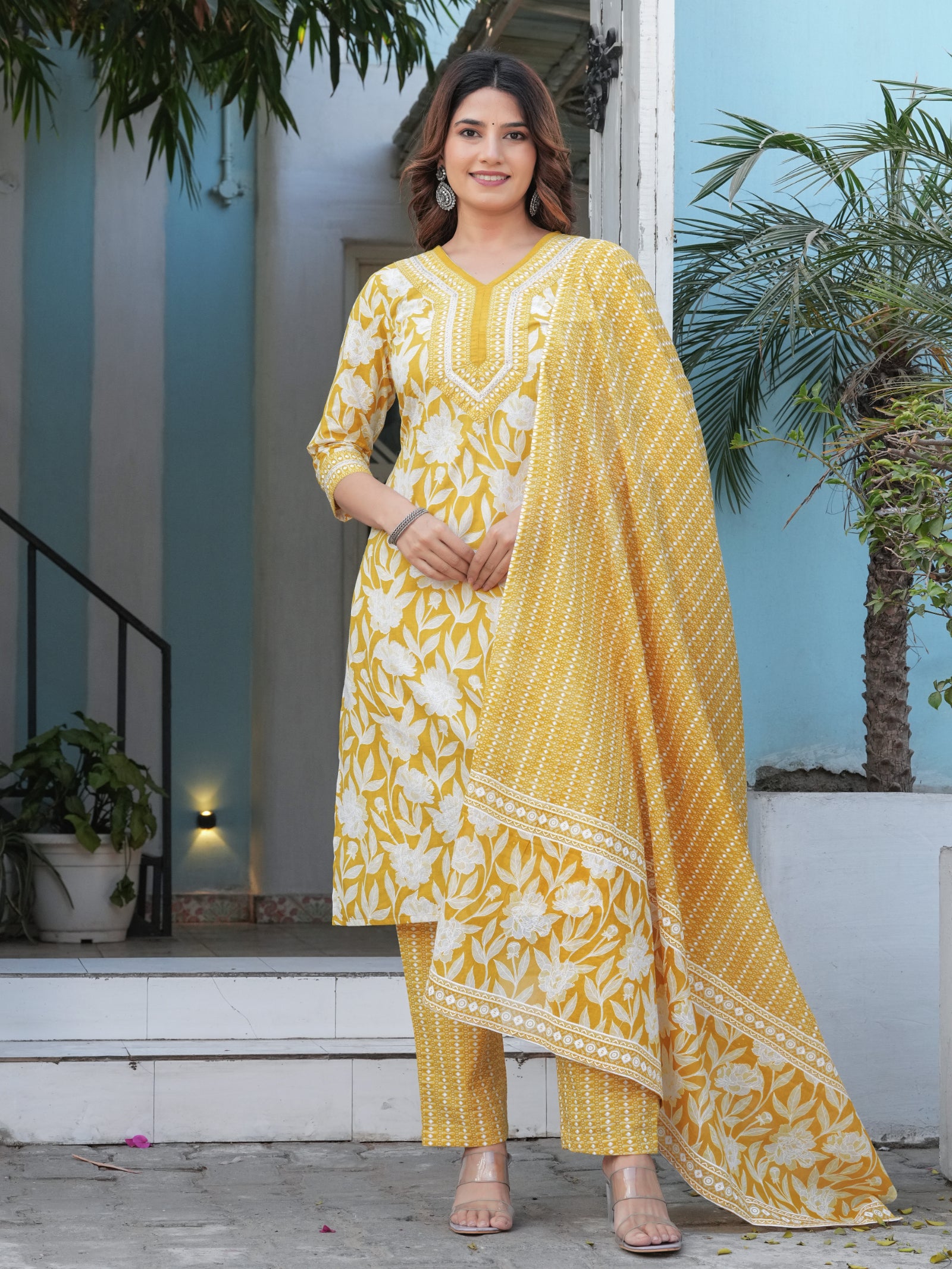 Maluka Women’s Purple, Yellow, Grey & Pink Straight Kurta Set with Dupatta