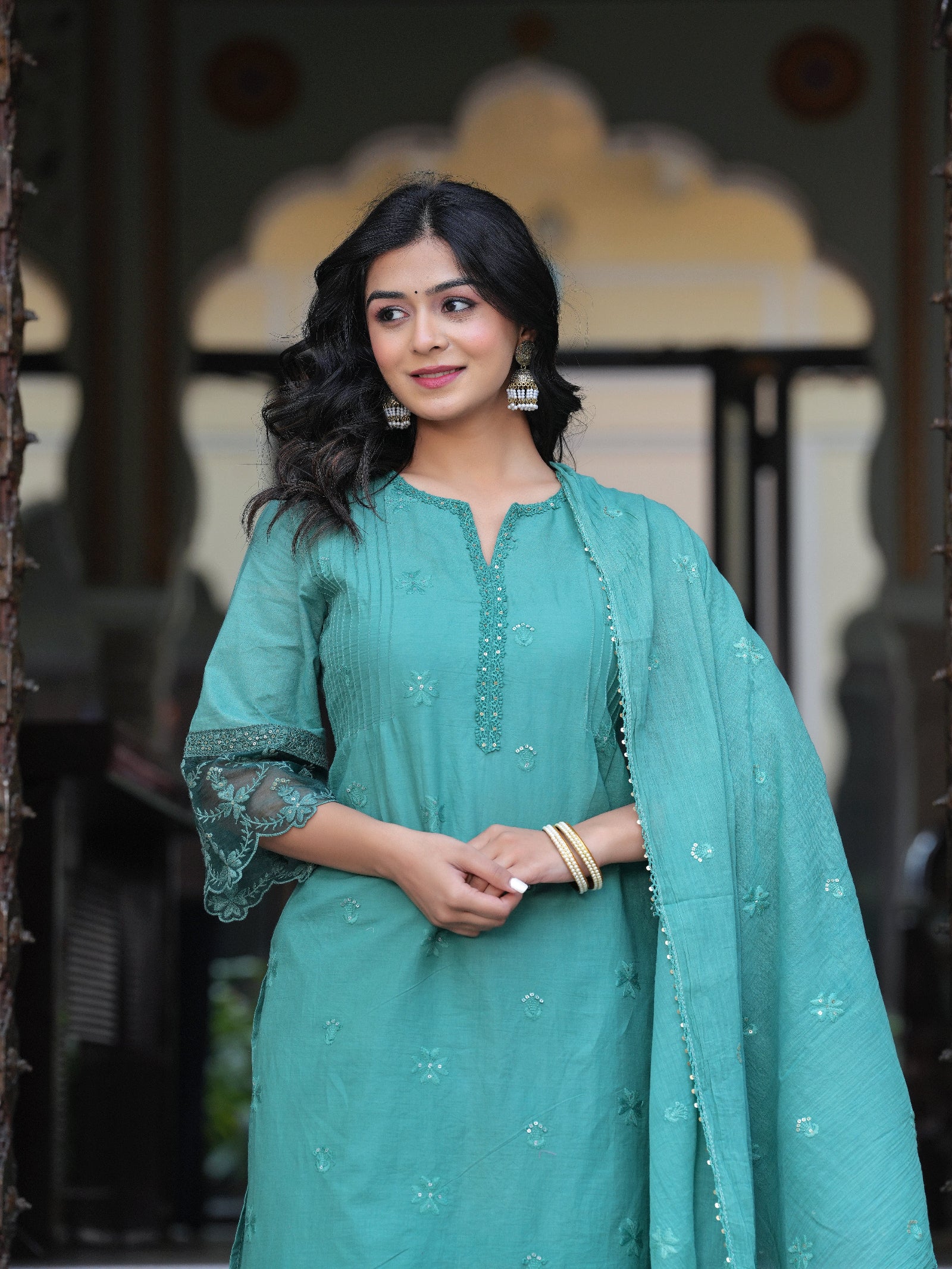 Maluka Women Sea Green Cotton Solid Emb. Kurta Pant With Dupatta Set