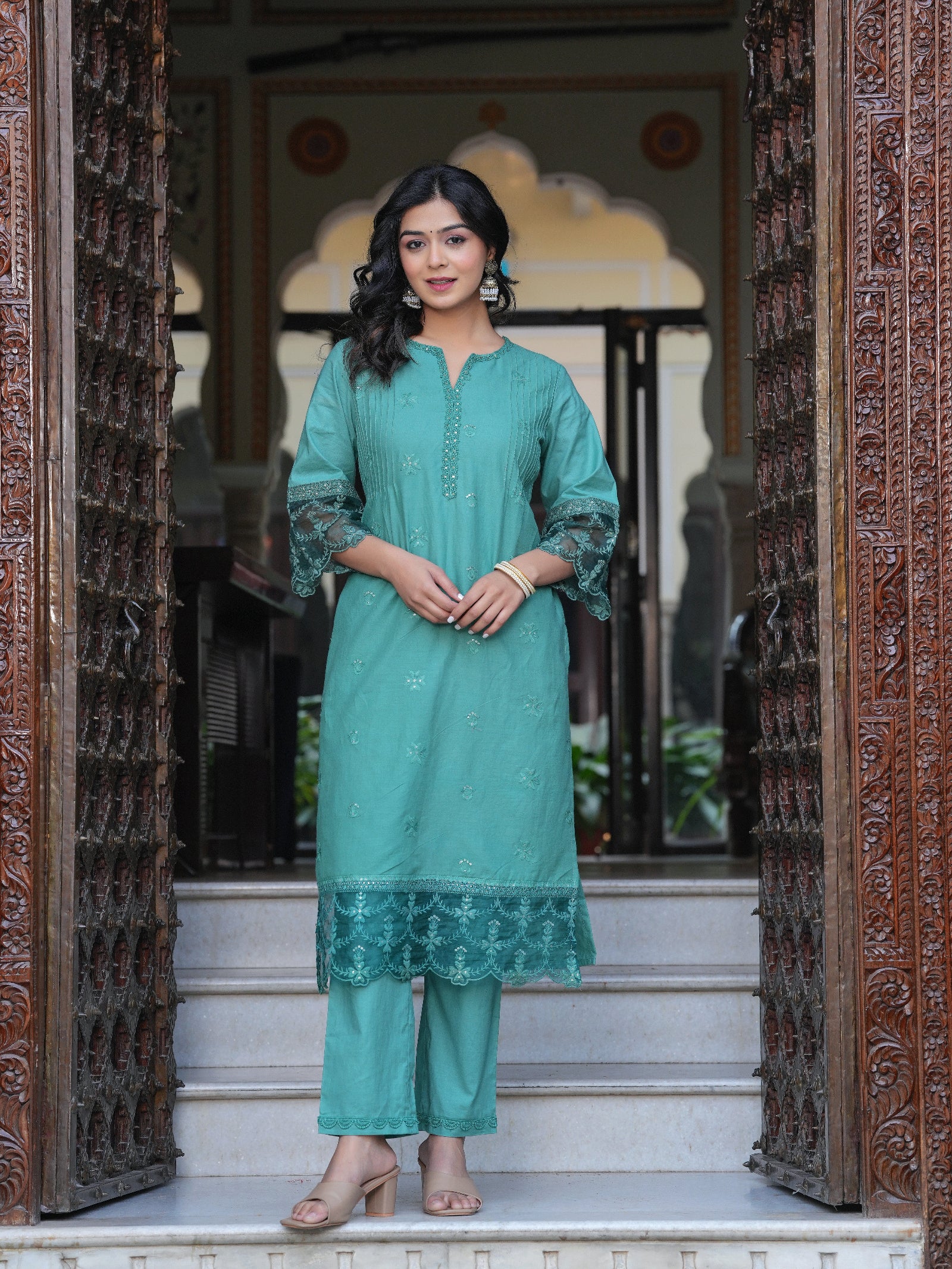 Maluka Women Sea Green Cotton Solid Emb. Kurta Pant With Dupatta Set